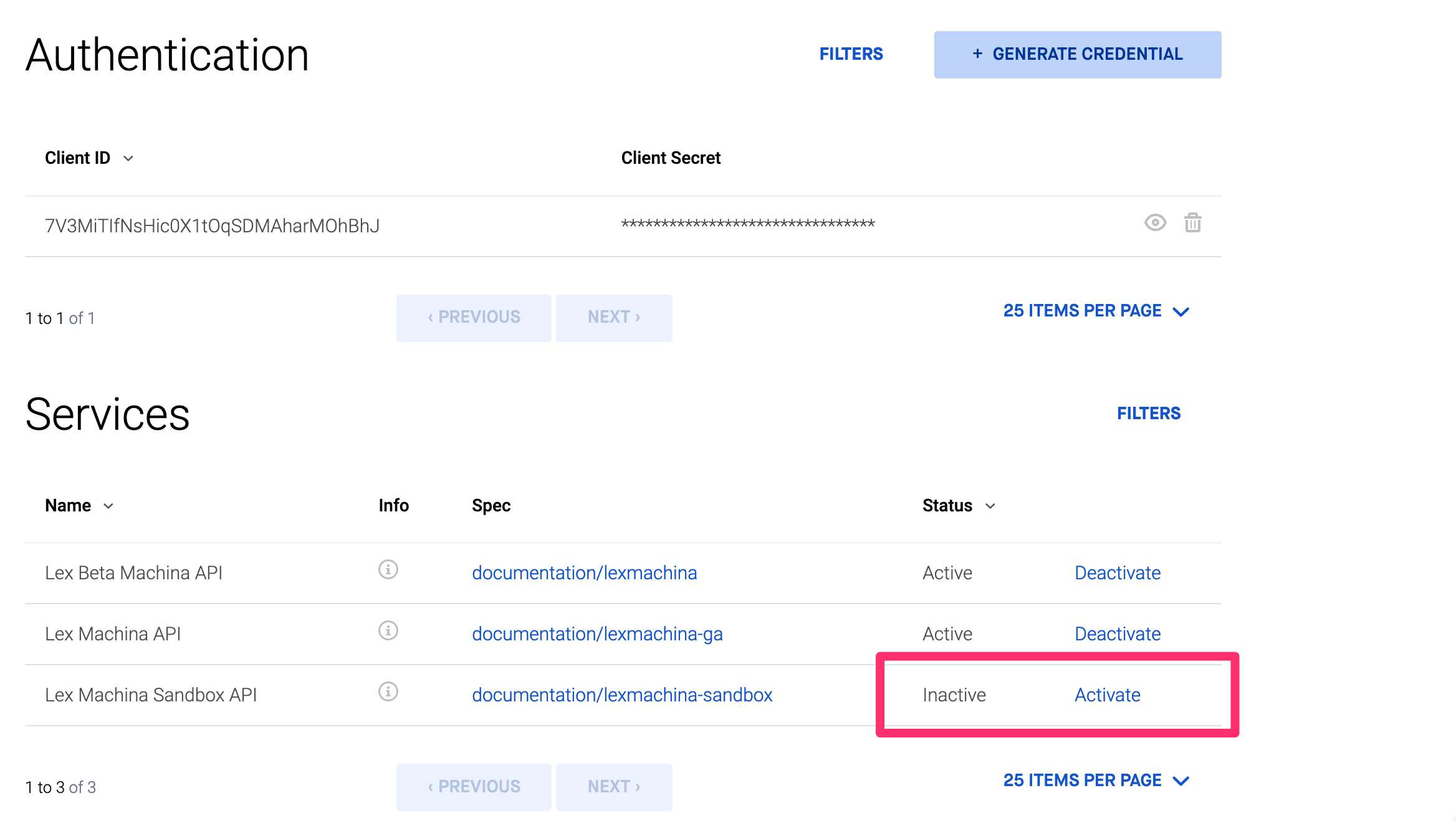 Lex Machina Developer Portal view of the credential