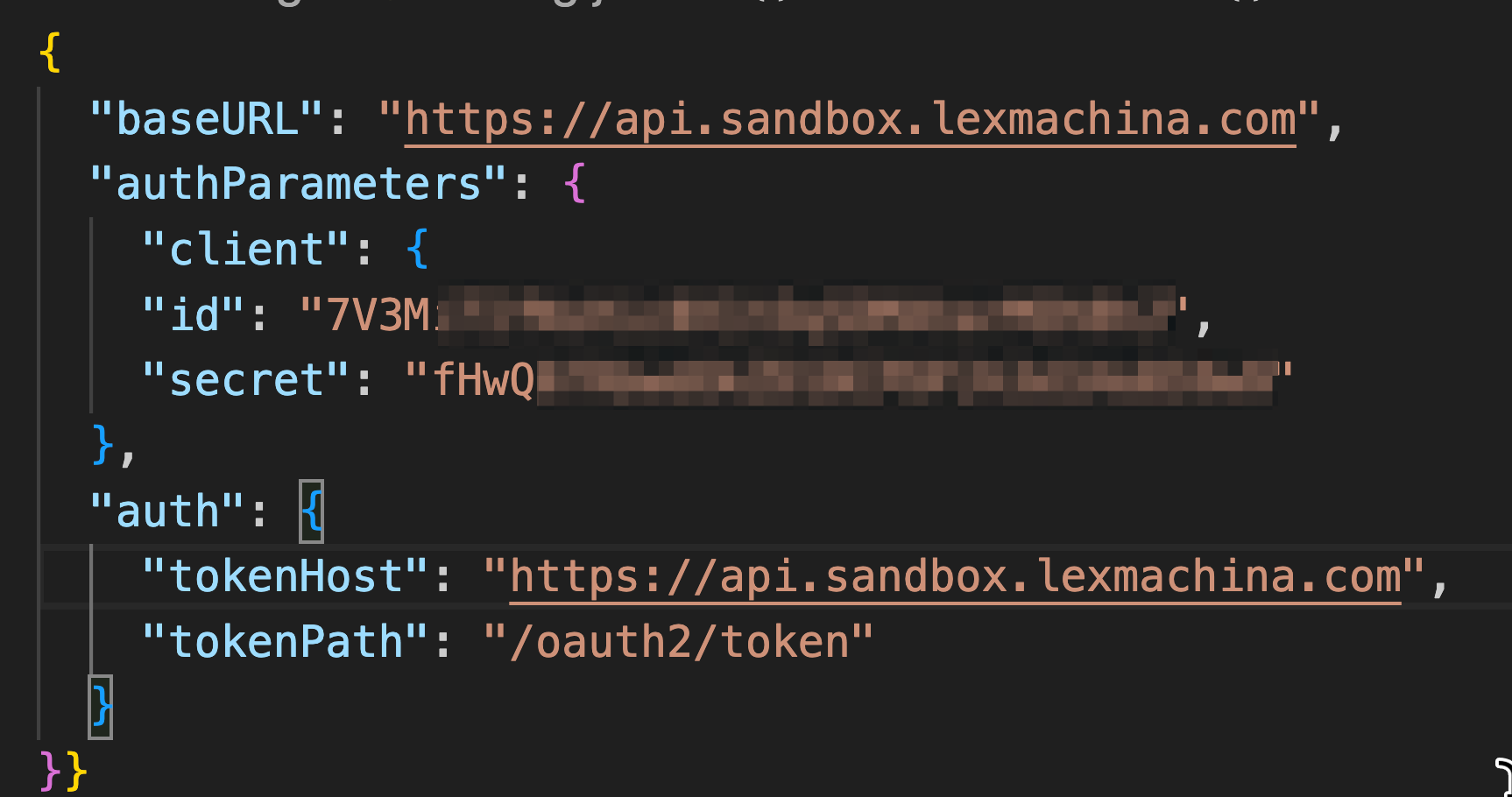 JSON file showing baseUrl and tokenHost as https://api.sandbox.lexmachina.com