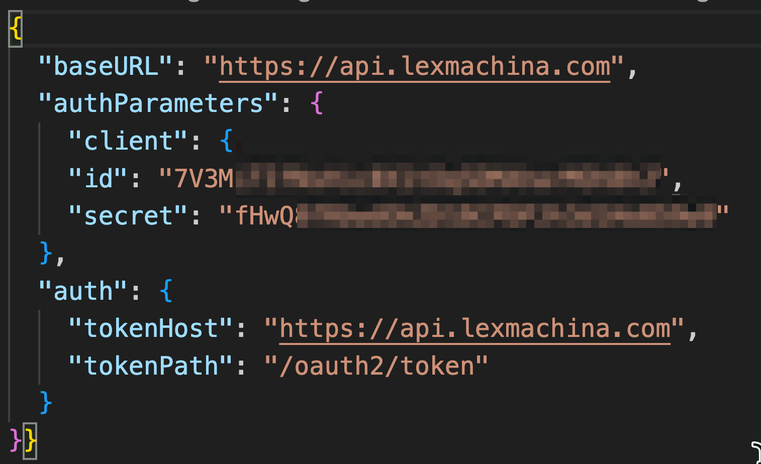 JSON file showing baseUrl and tokenHost as https://api.lexmachina.com